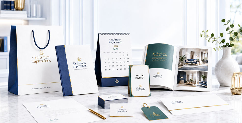 Corporate stationery and branding materials including shopping bags, brochures, calendars, business cards and printed marketing materials in Dubai