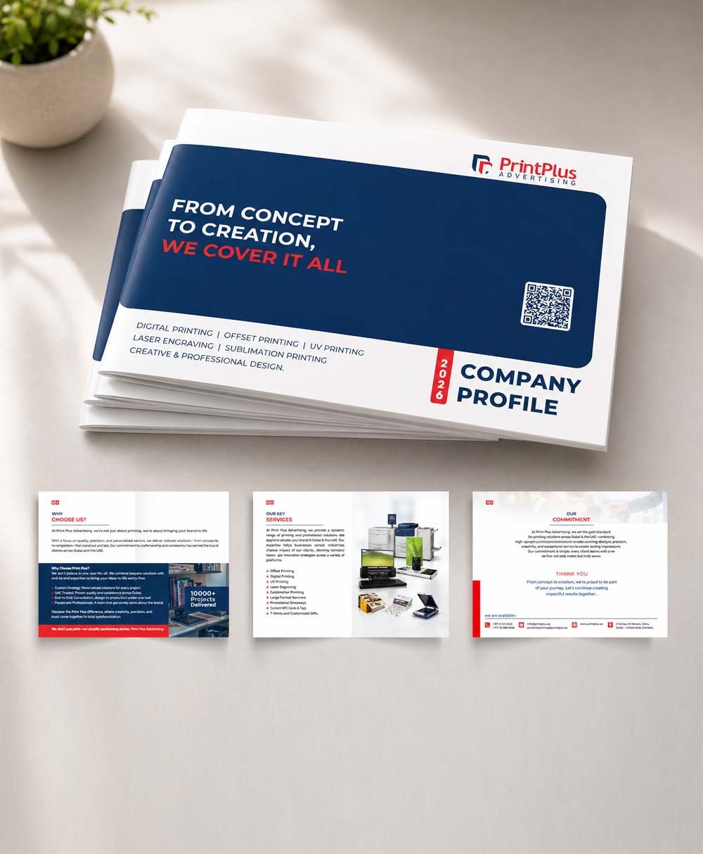 Company profile design and printing for Print Plus Advertising in Dubai