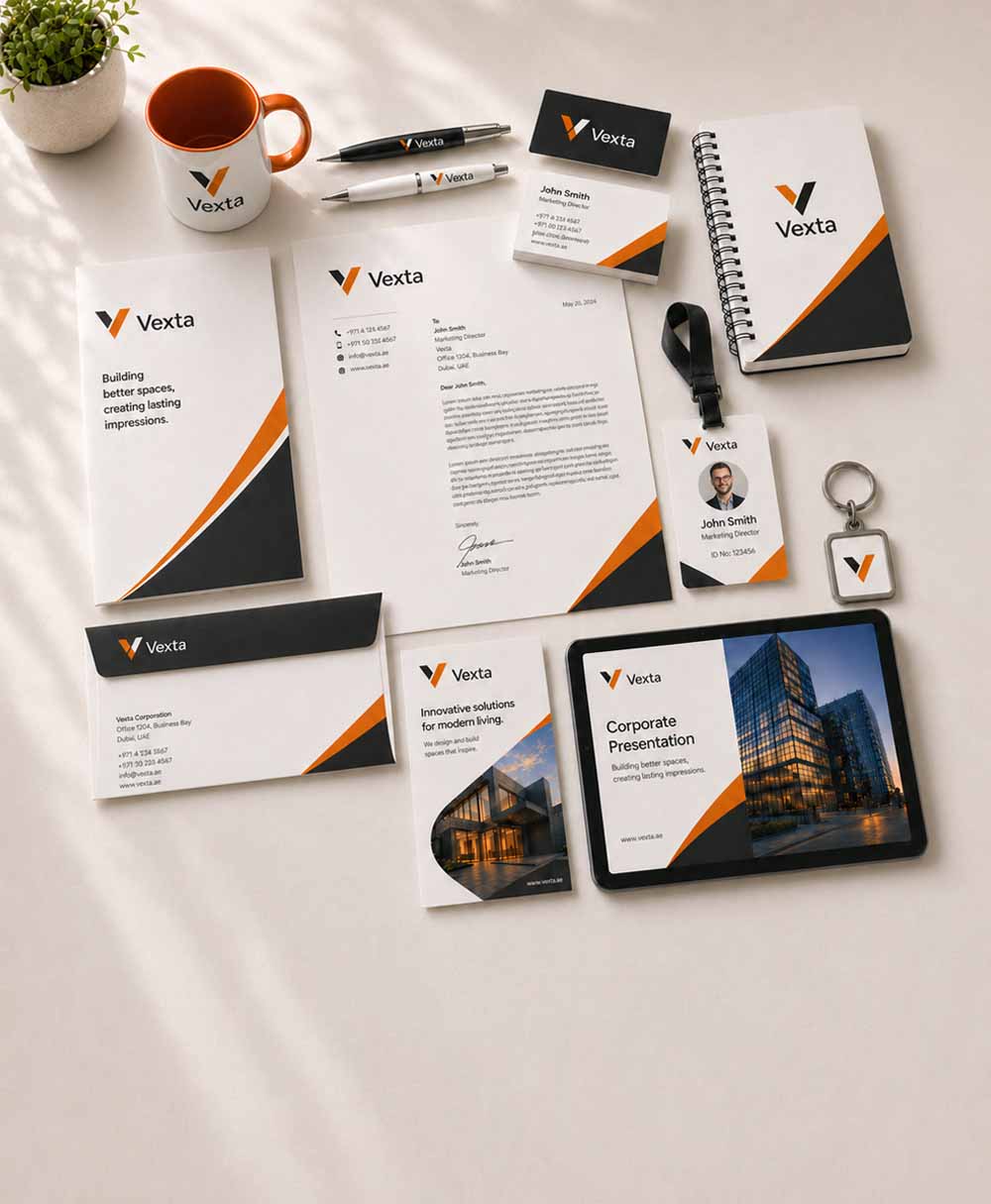 Corporate identity and branding design with stationery business cards and promotional materials in Dubai