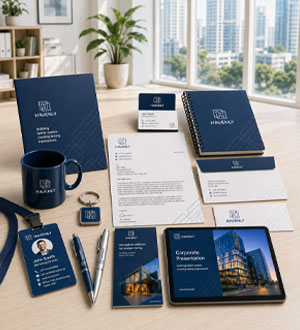 Corporate branding with stationery business cards notebooks and marketing materials in Dubai