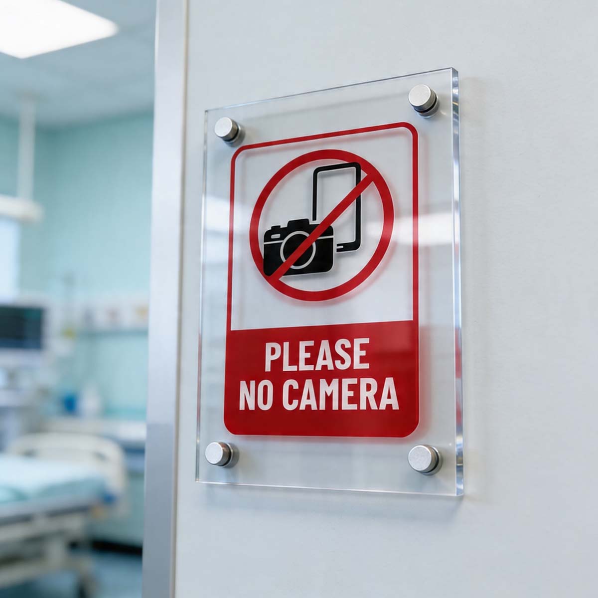 Custom acrylic no camera information and warning sign with wall mounted standoffs in Dubai