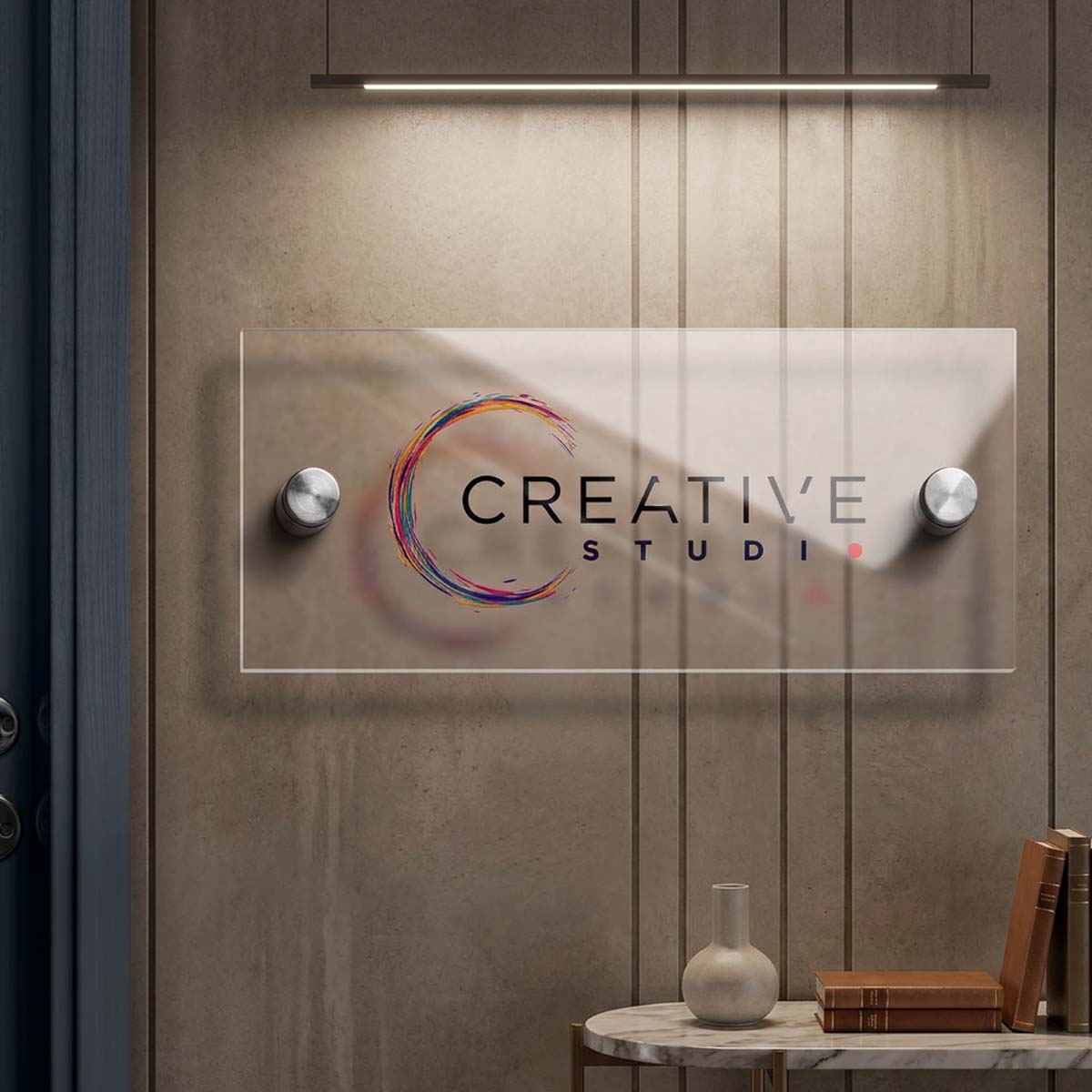 Custom clear acrylic office logo name plate with printed business branding in Dubai