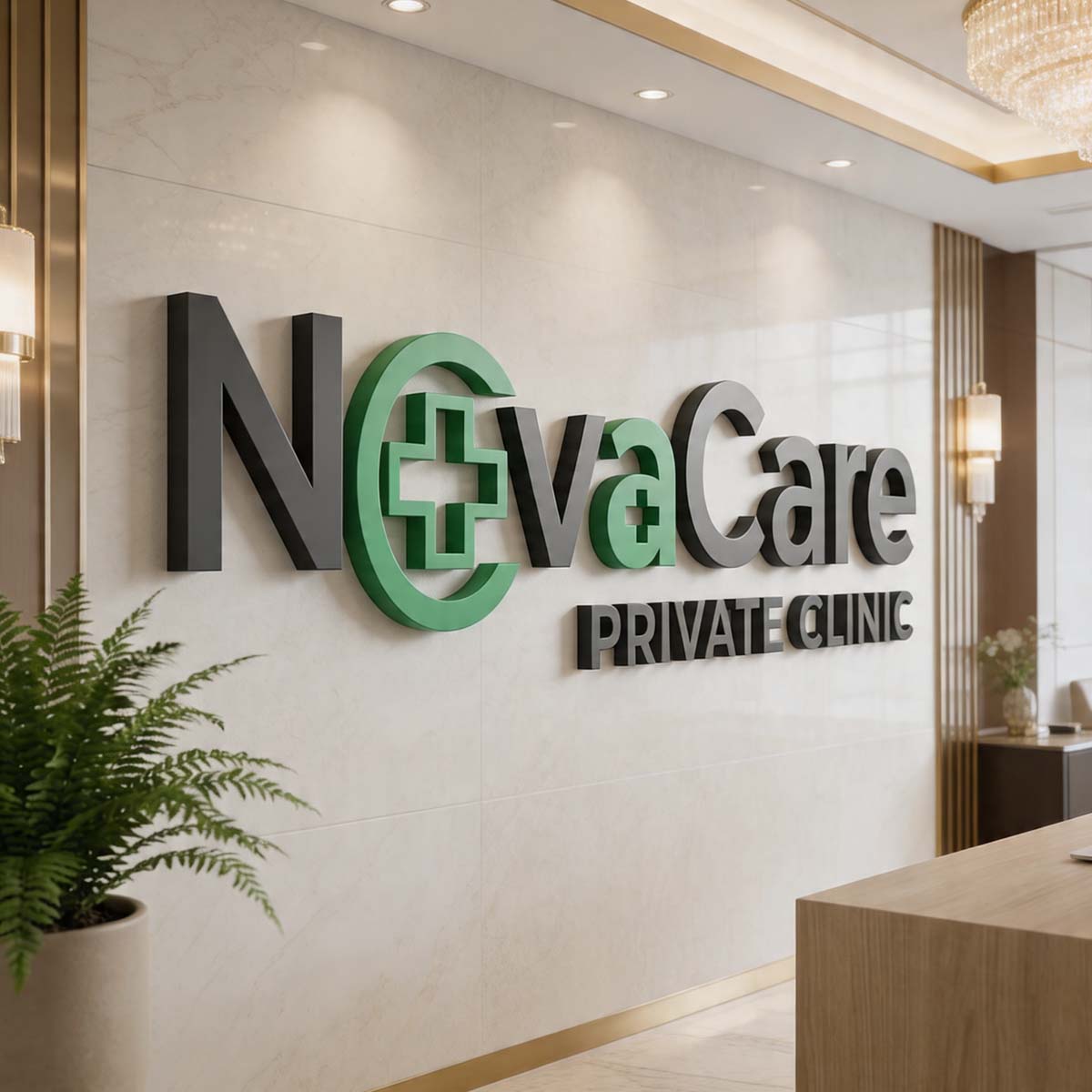 Custom 3D acrylic logo sign board for clinic reception and healthcare signage in Dubai
