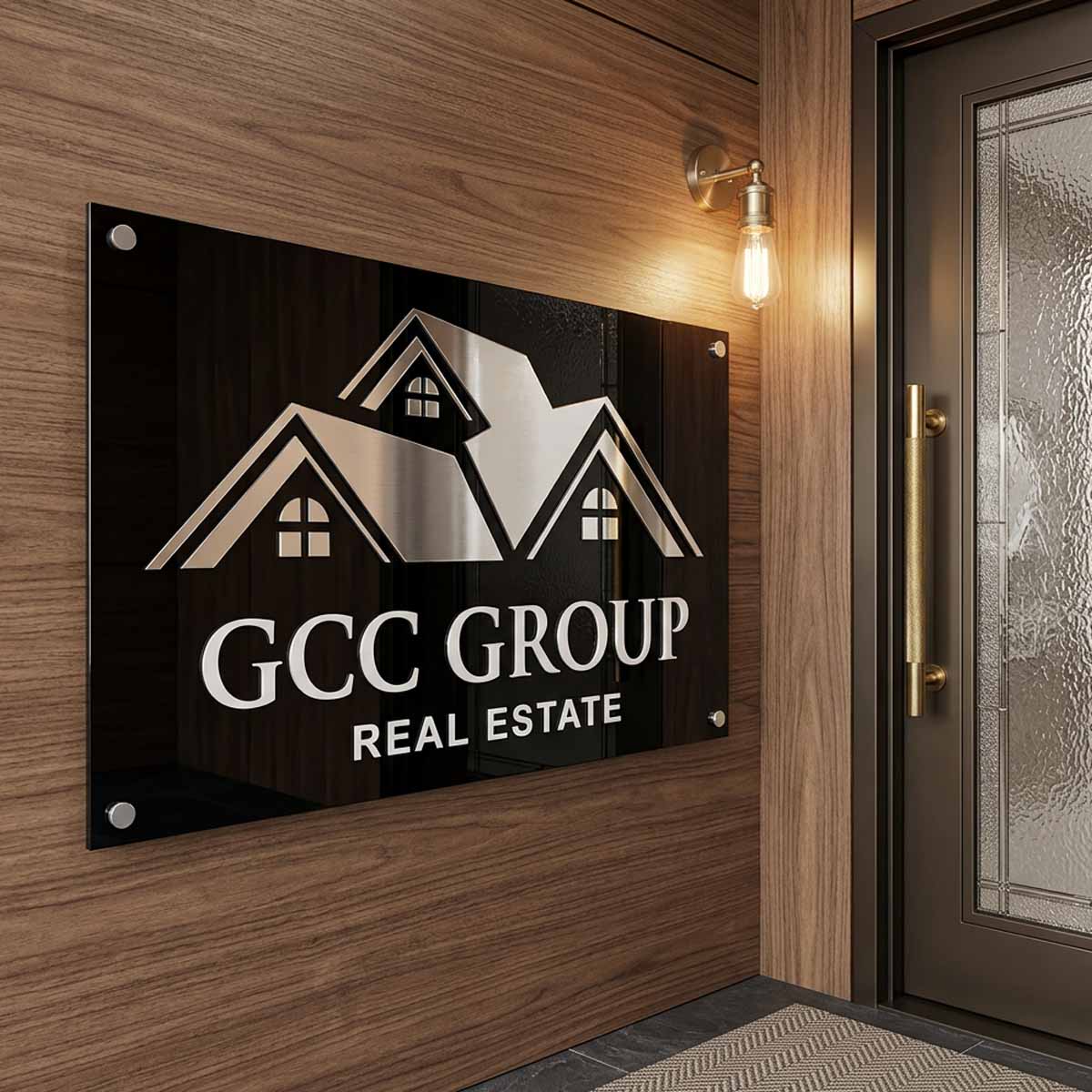 Custom acrylic logo sign board for real estate office wall signage in Dubai