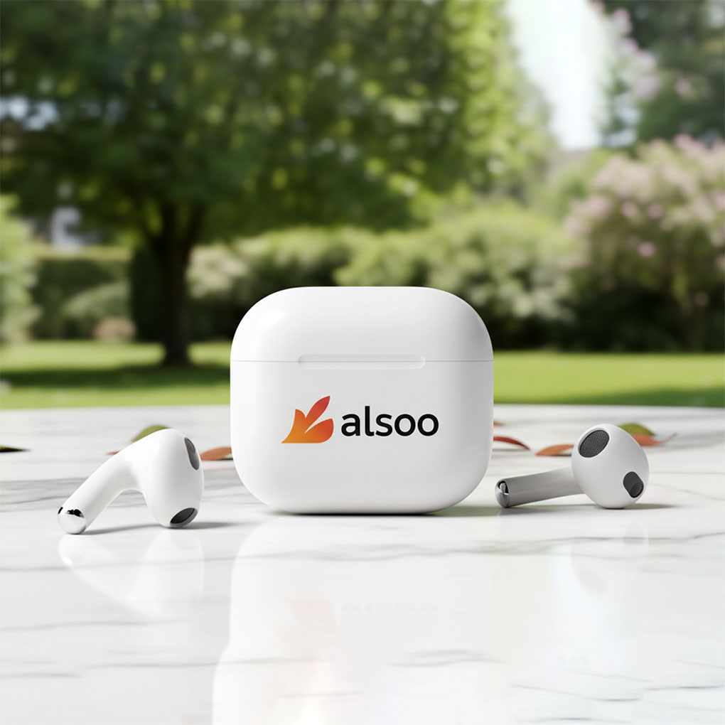 Custom AirPods logo printing in Dubai for branded corporate gifts and promotional merchandise