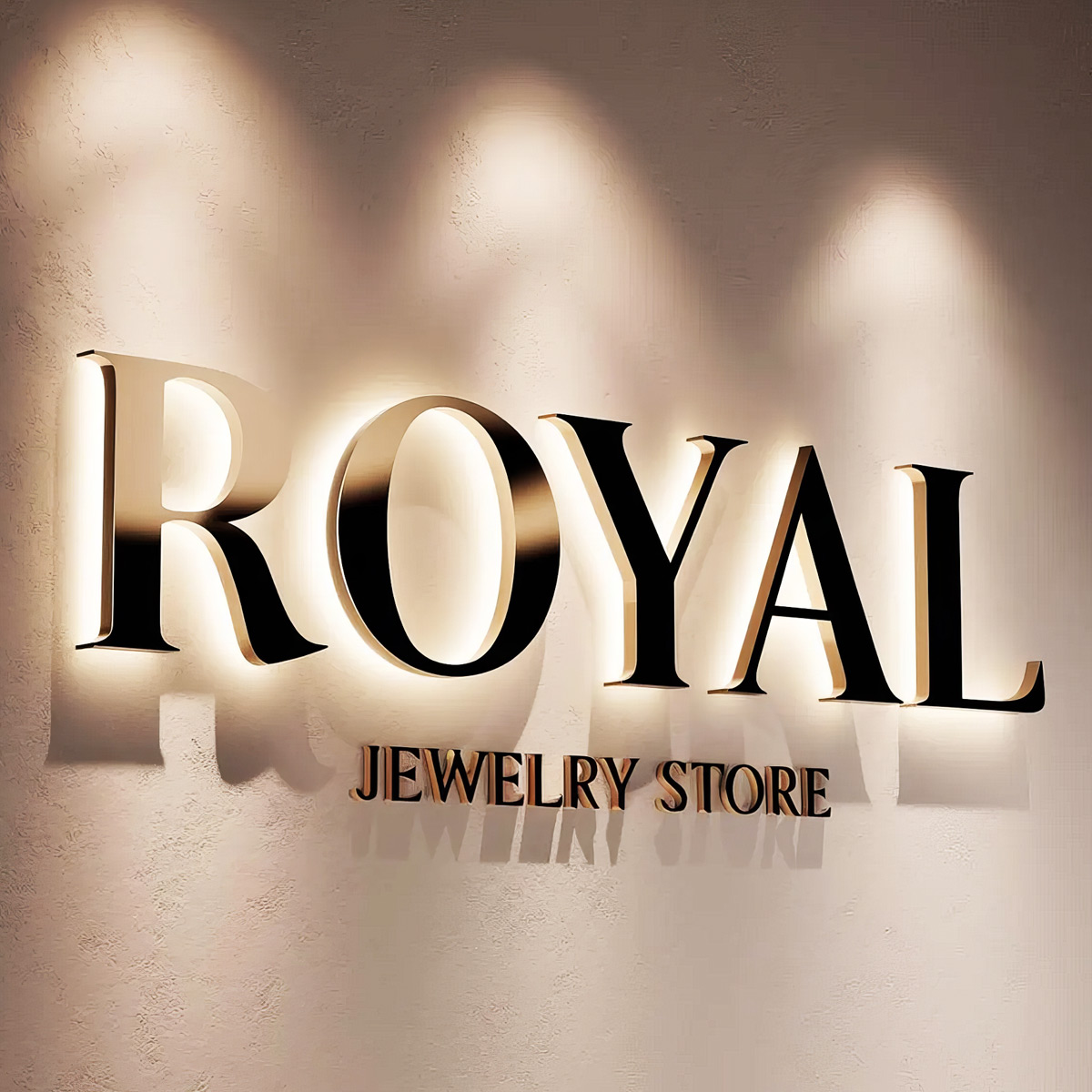 Premium backlit 3D letter signage in Dubai with warm LED halo illumination for jewelry store