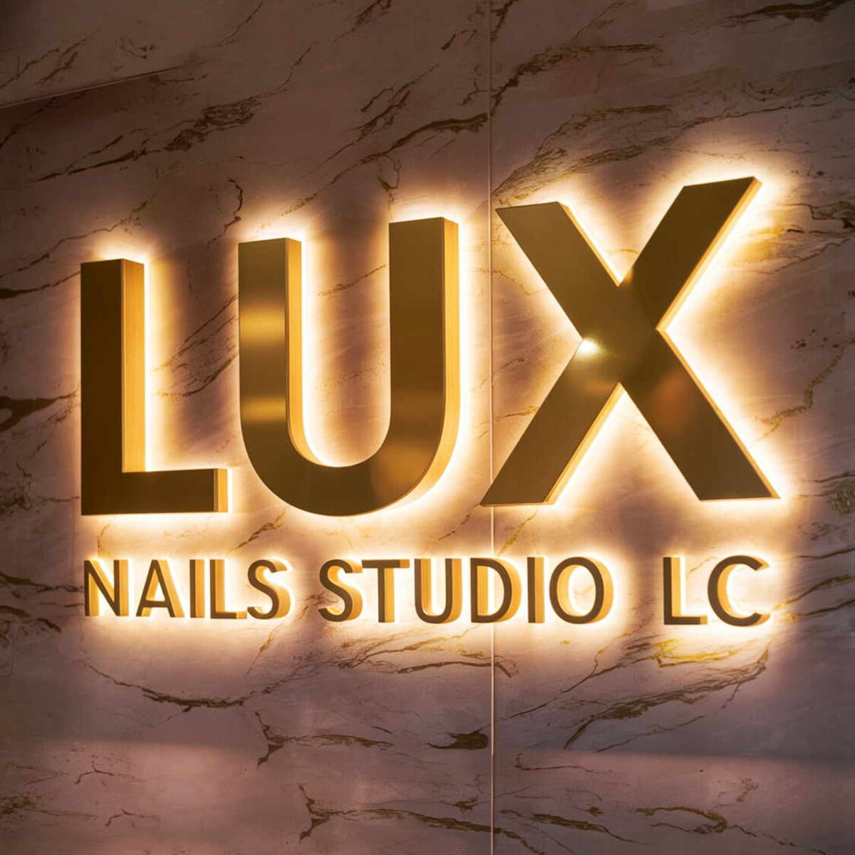Gold finish backlit sign board in Dubai with warm LED halo lighting for nail salon