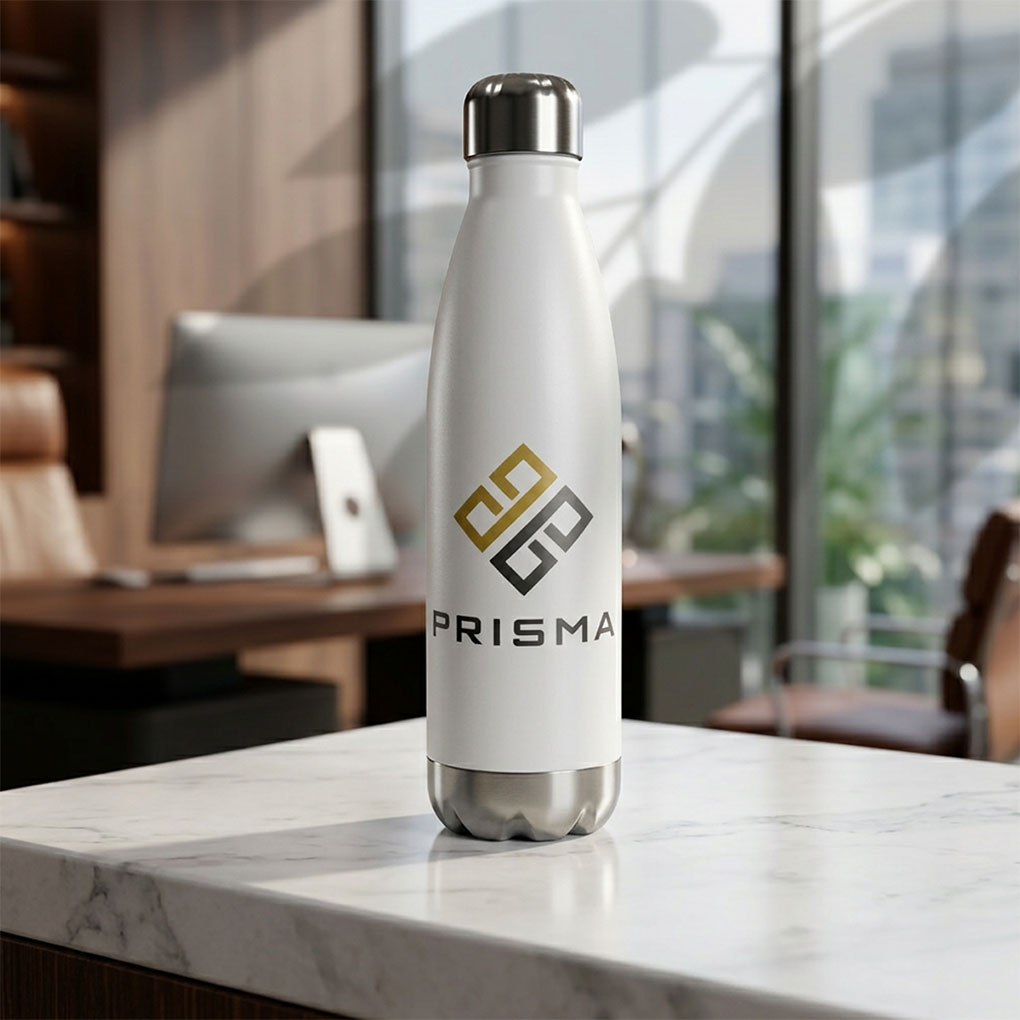 Branded stainless steel water bottle printing with custom company logo for corporate use