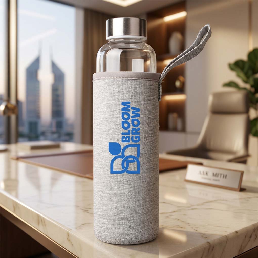 Corporate logo water bottle printing on reusable glass bottle with protective fabric sleeve
