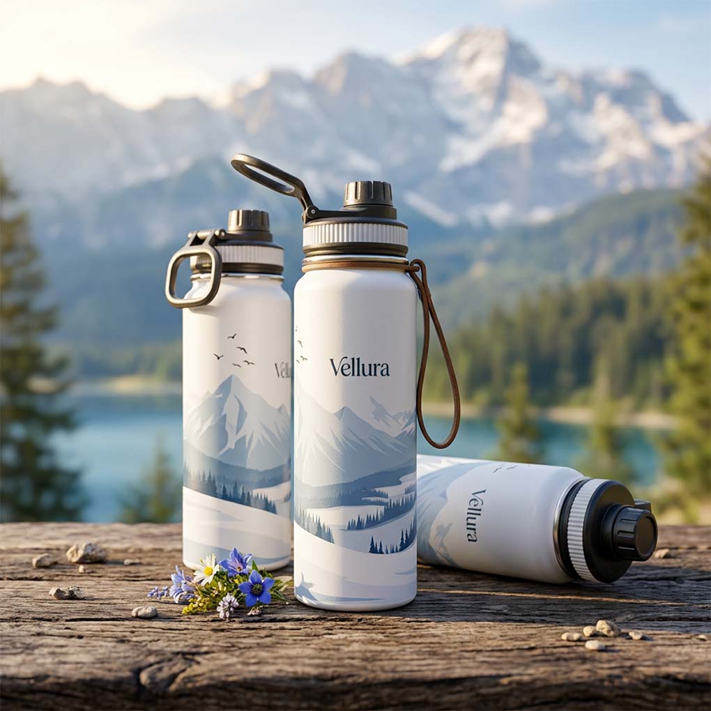 Custom insulated water bottle printing with full color mountain design for personalized gifts