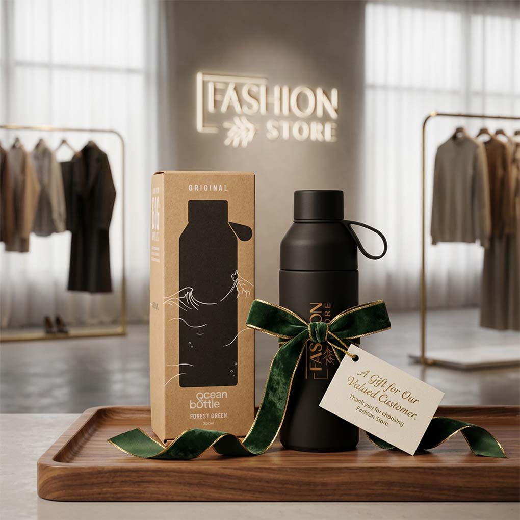 Custom promotional water bottle printing with branded packaging for corporate and retail gifts