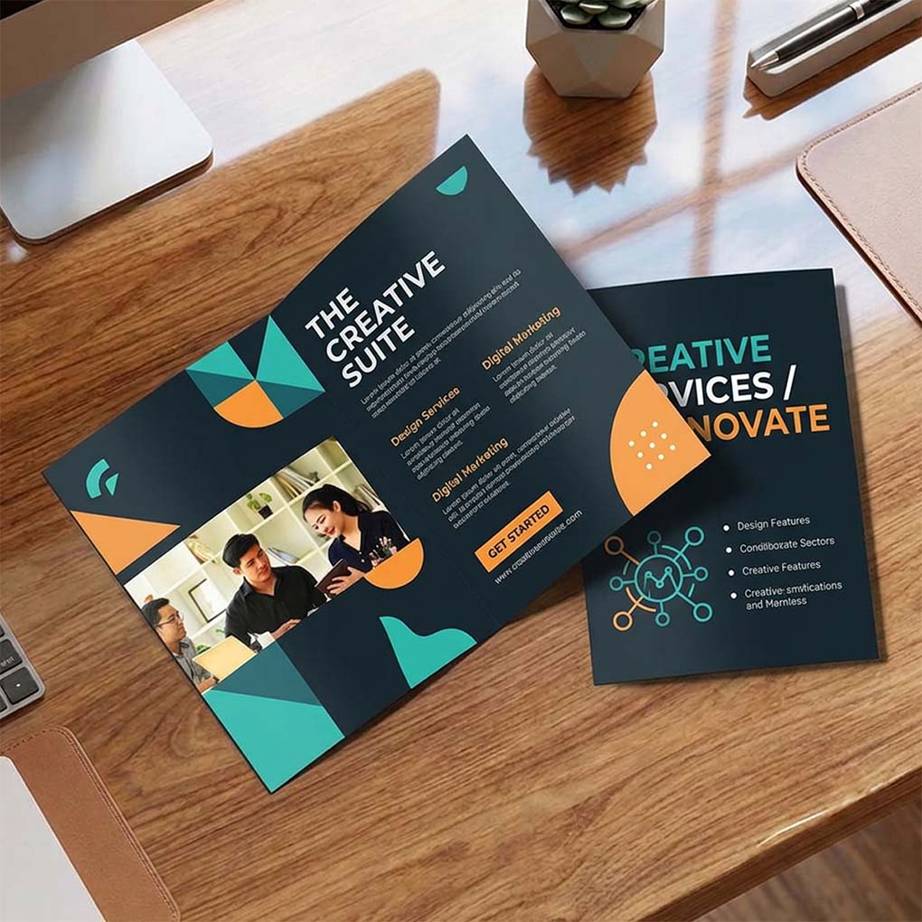 Creative services tri-fold brochure with professional marketing and design agency layout