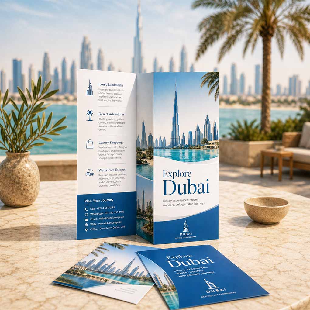 Dubai travel tri-fold brochure printing featuring tourism attractions and city skyline design