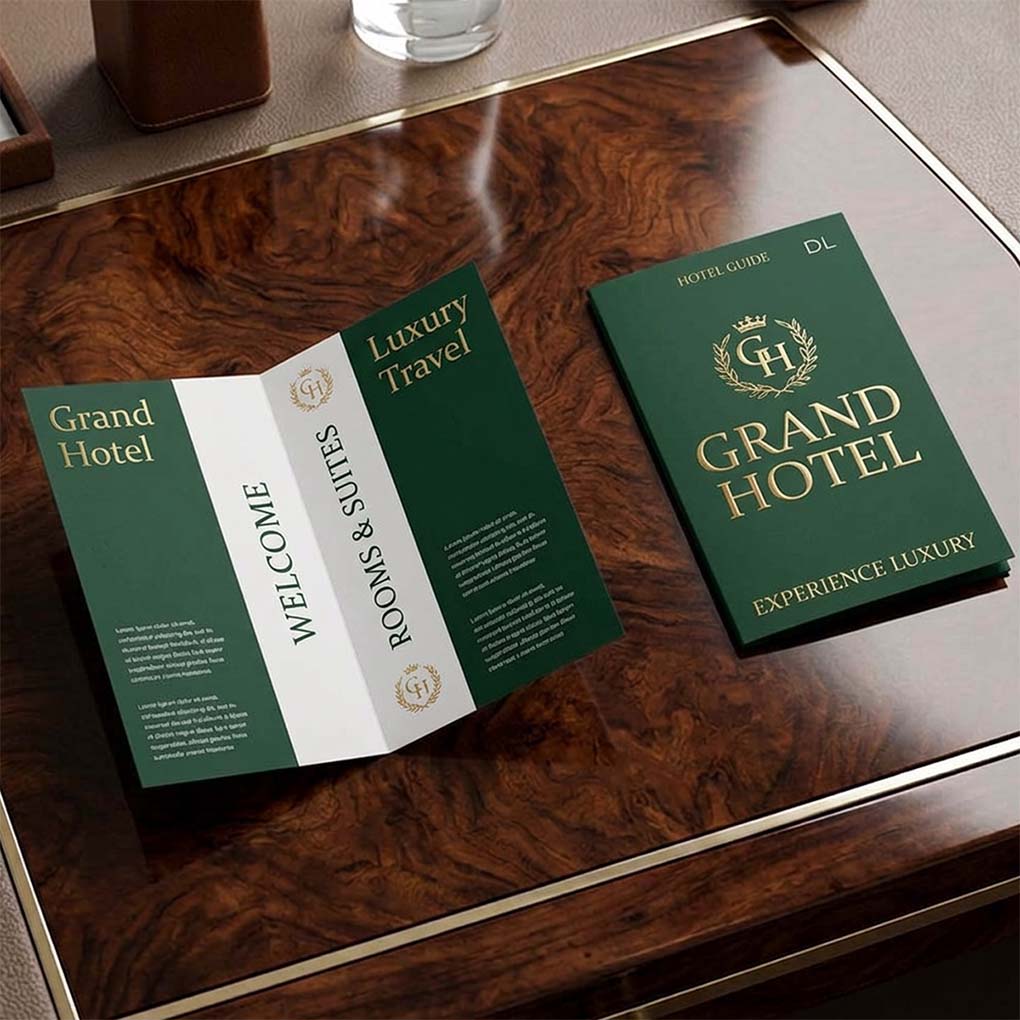 Luxury hotel DL brochure printing with premium green and gold hospitality design