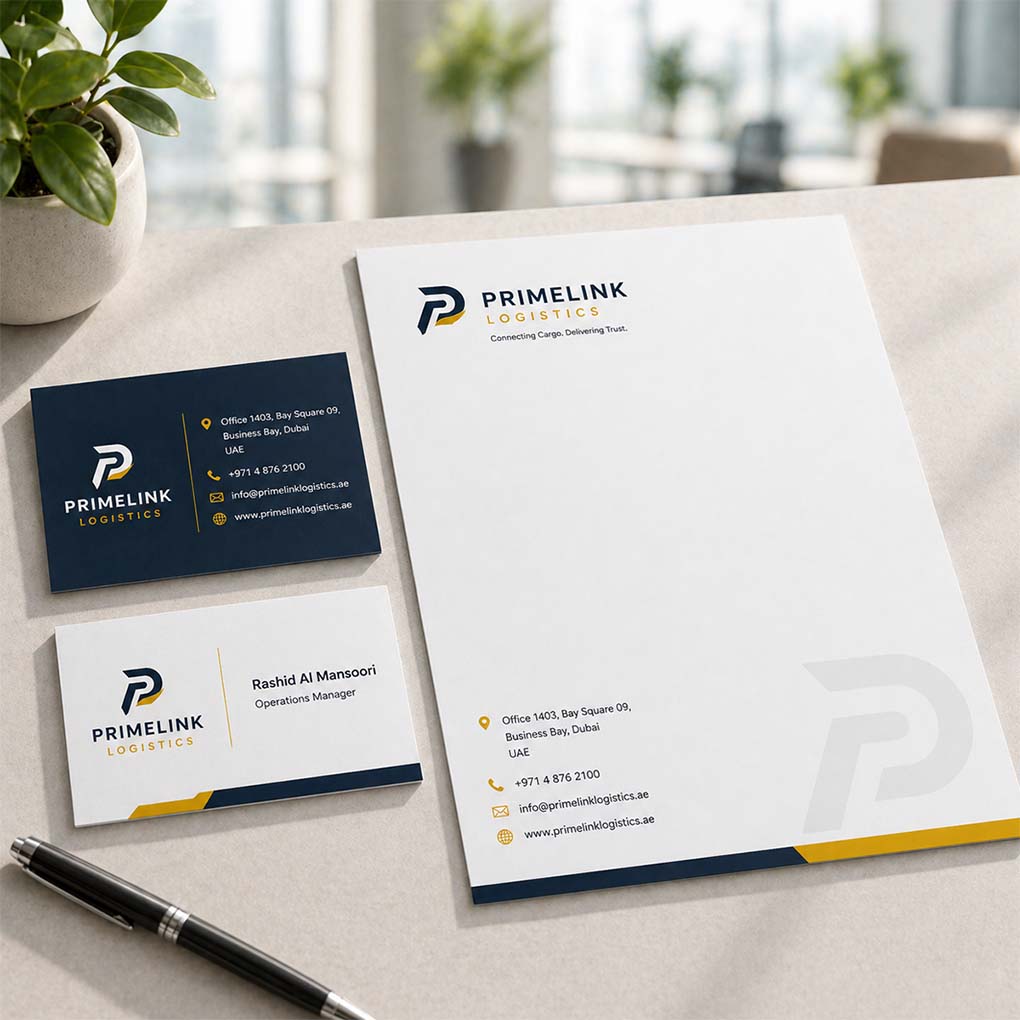 Business letterhead and matching corporate business cards for a Dubai logistics company