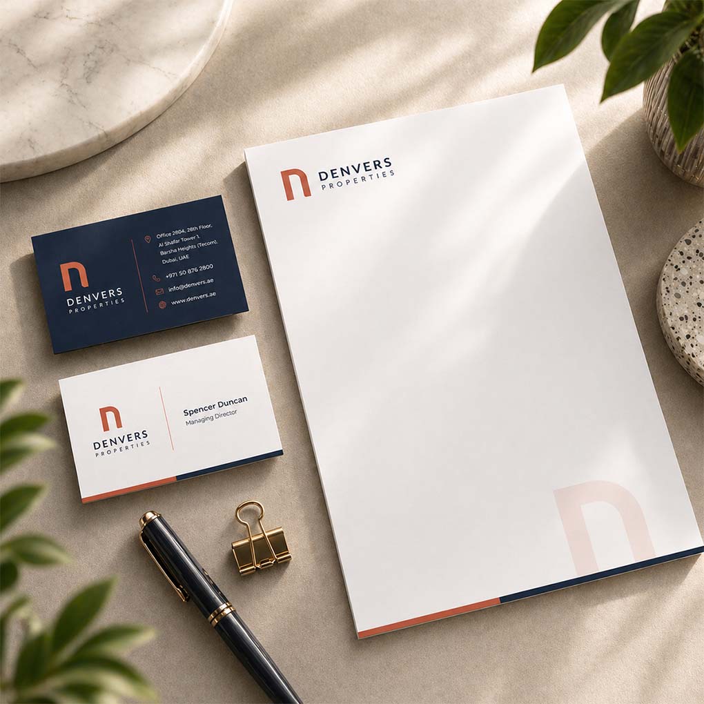 Corporate letterhead and matching business cards with professional branded stationery design