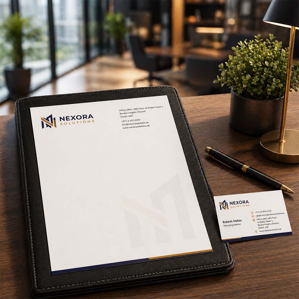 Professional white letterhead and matching business card displayed on an office desk
