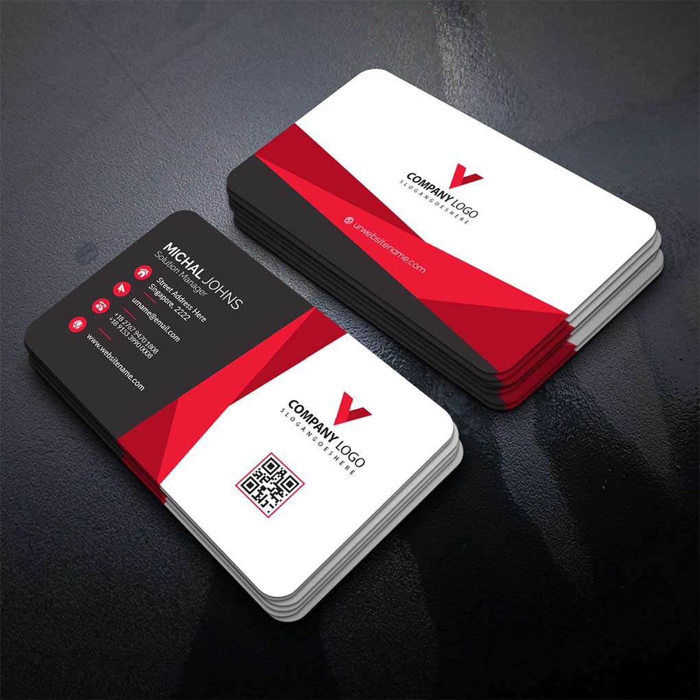 Corporate red black and white business cards with QR code and rounded corners