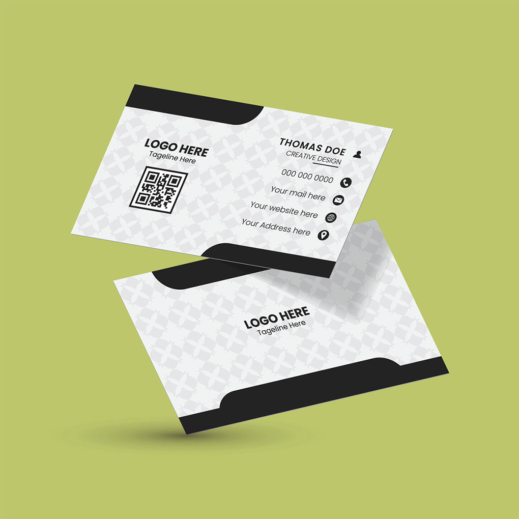 Custom white and black business card design with QR code and contact information