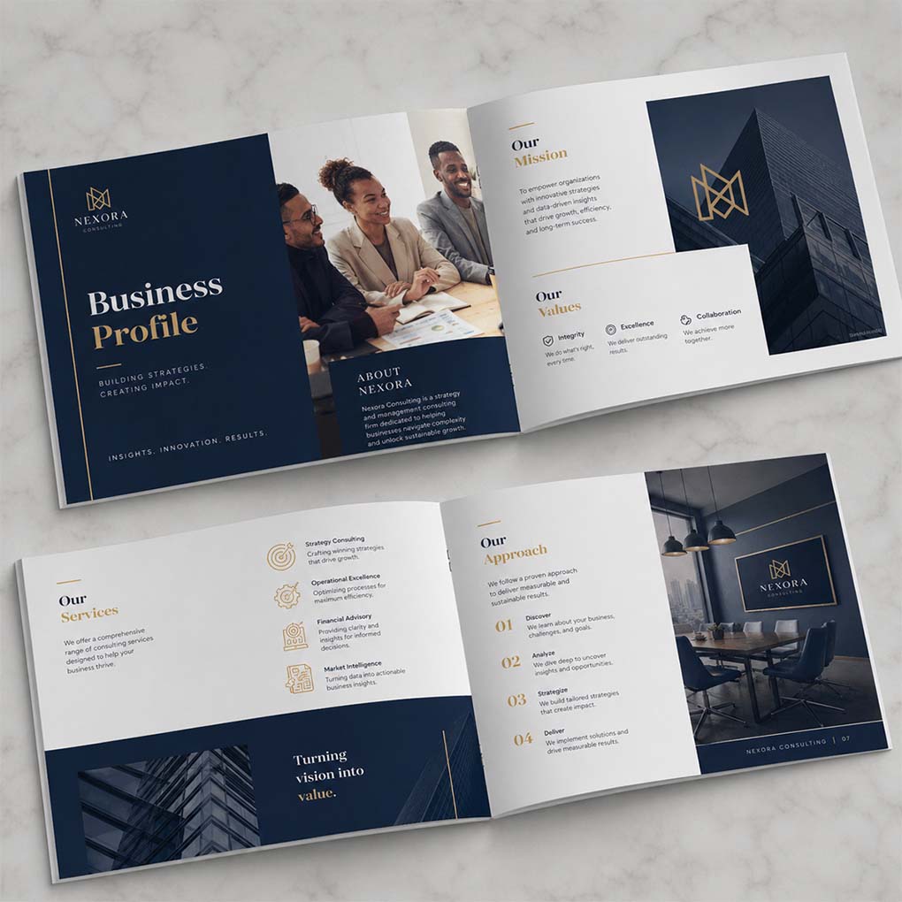 Open corporate company profile brochure showing services mission and business information