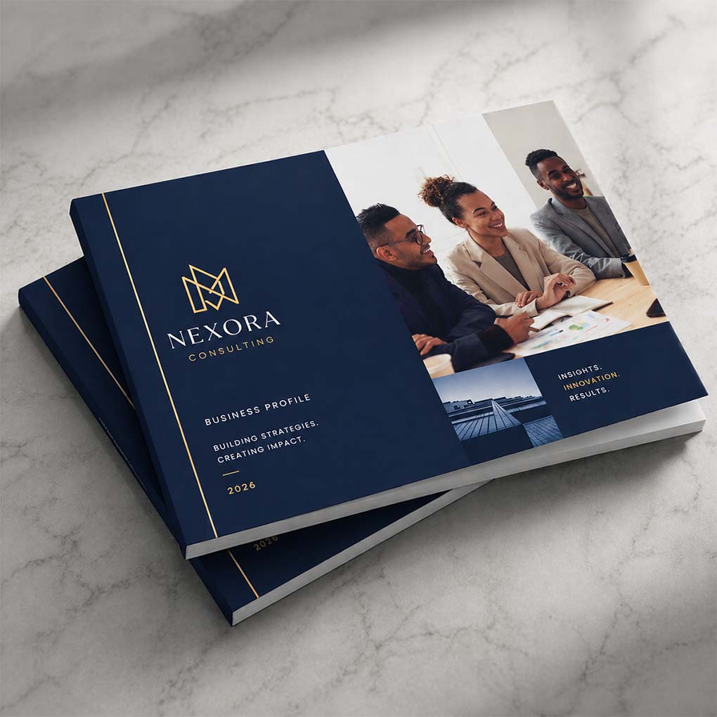 Premium business profile booklet with navy blue corporate cover design