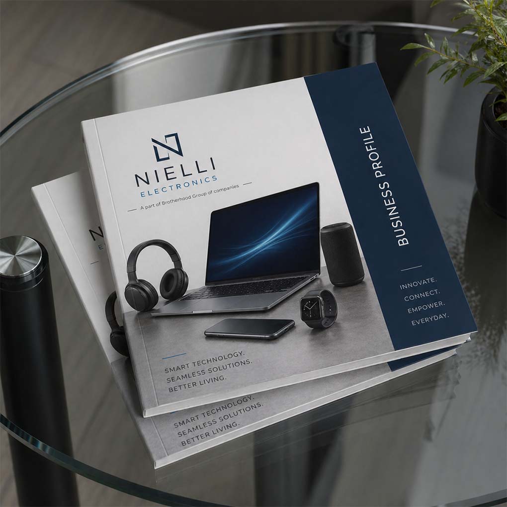 Printed technology company profile booklet featuring electronics and corporate branding