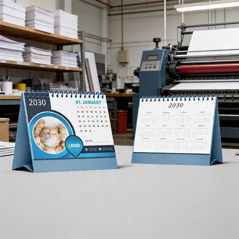 Branded desk calendars with custom logo area in printing workshop
