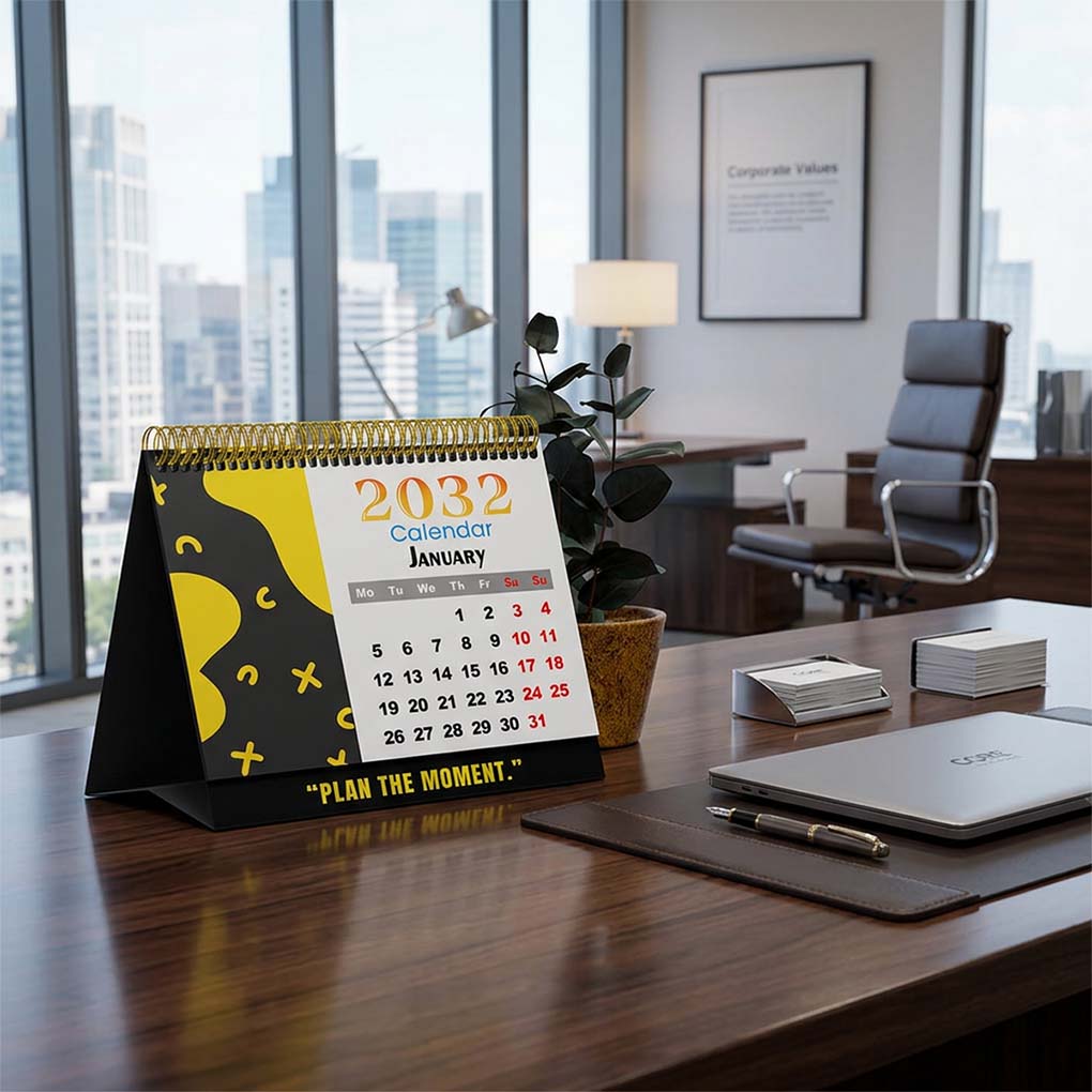 Corporate desk calendar with spiral binding in modern office