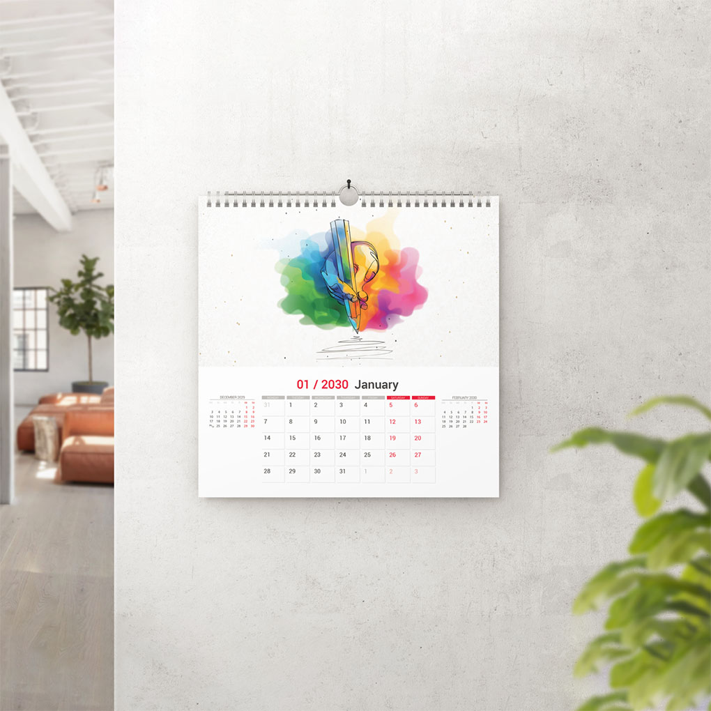 Custom spiral wall calendar with colorful graphic design