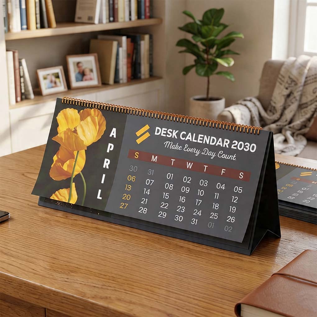 Premium custom desk calendar with floral design and spiral binding