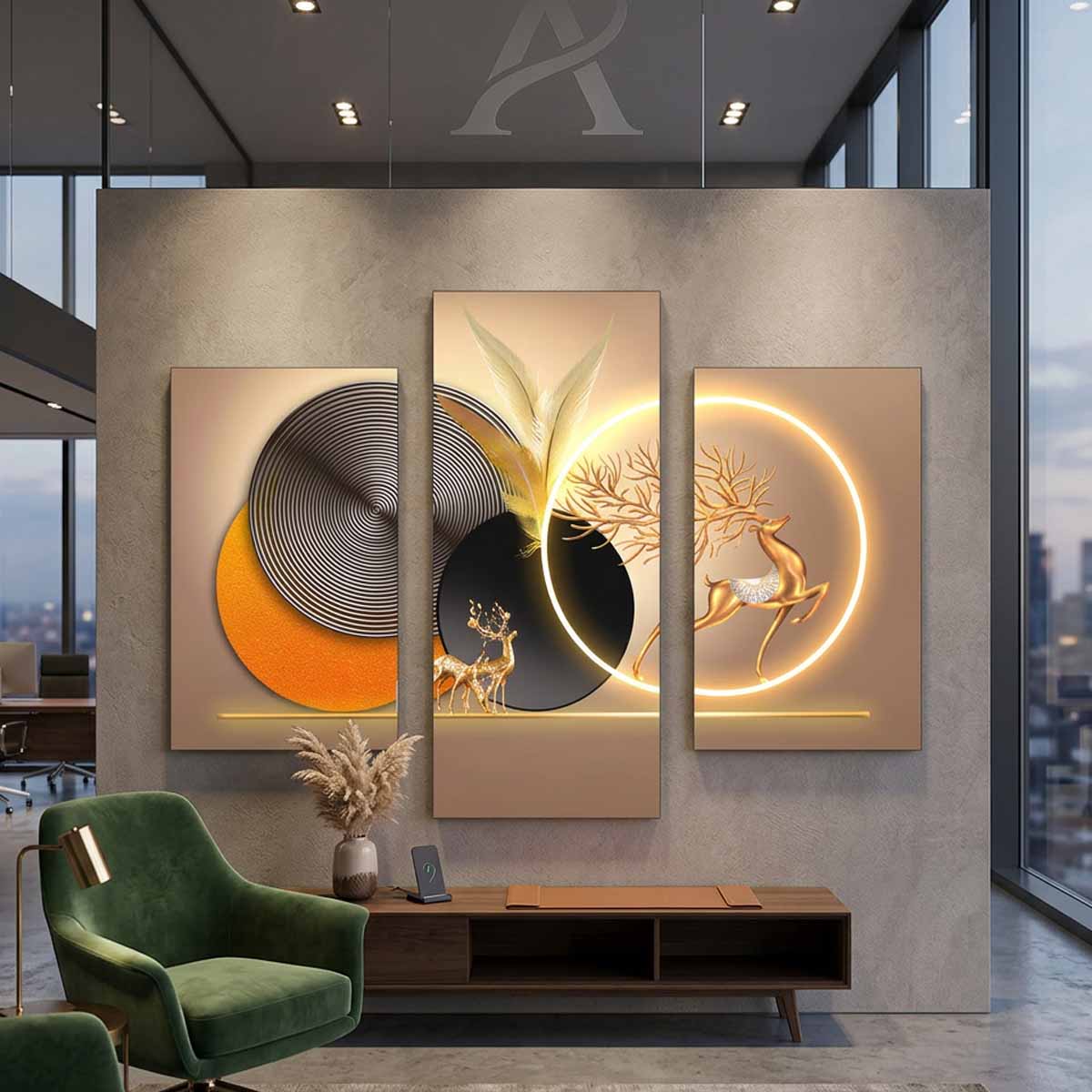 Modern luxury three panel canvas wall art with abstract deer design