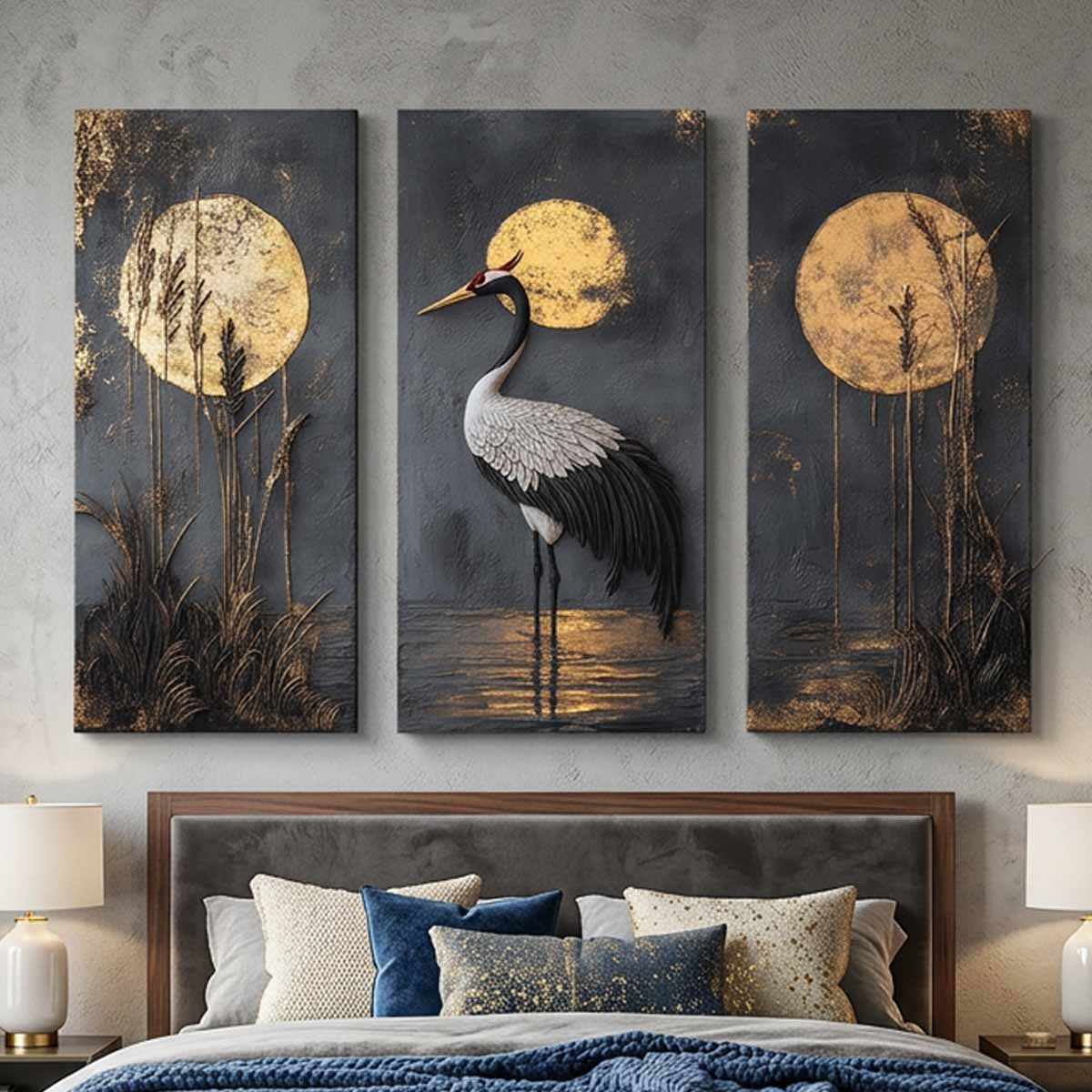Three panel crane canvas wall art with gold moon design