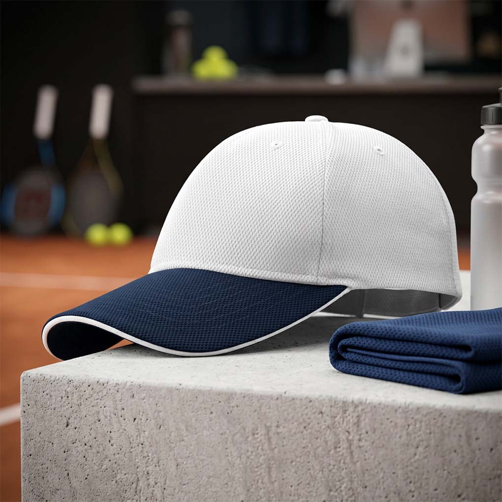 White and navy performance mesh cap for custom branding