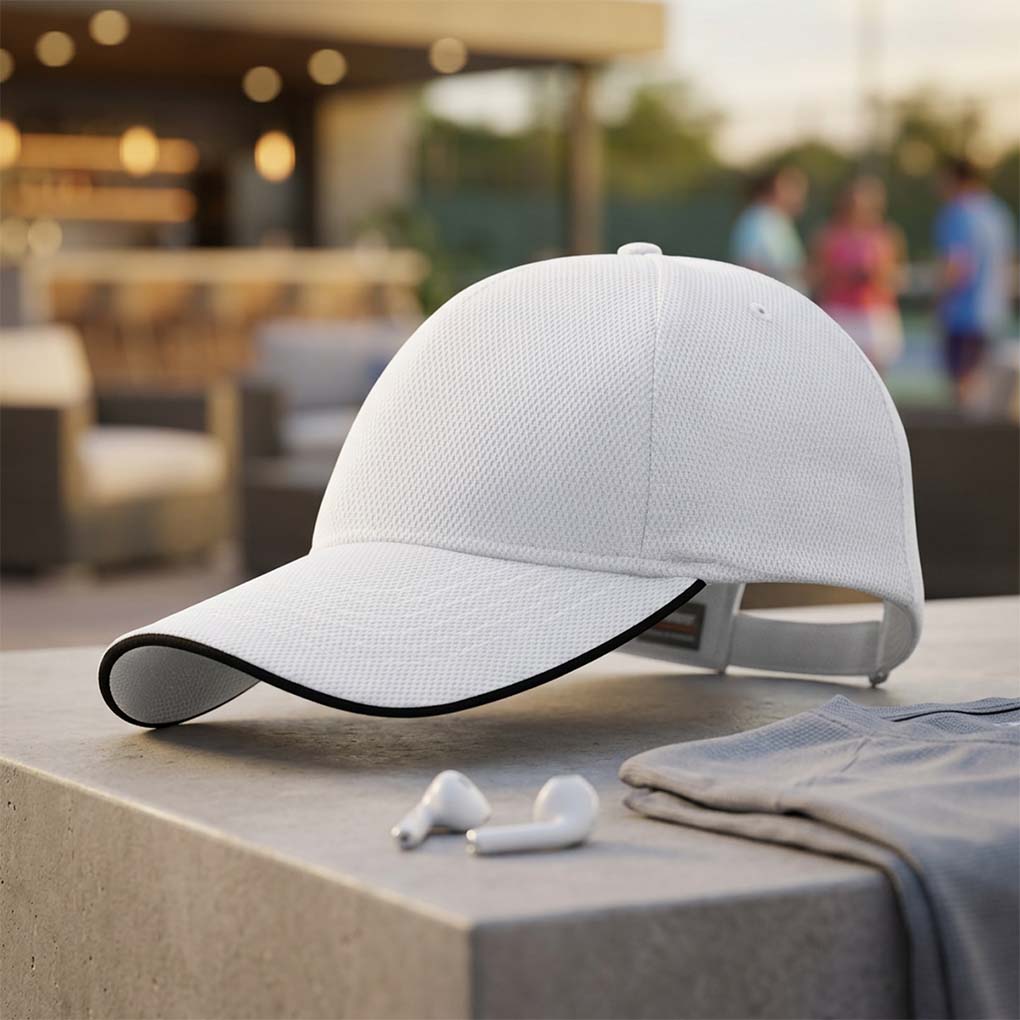 White performance mesh cap with black piping for custom branding