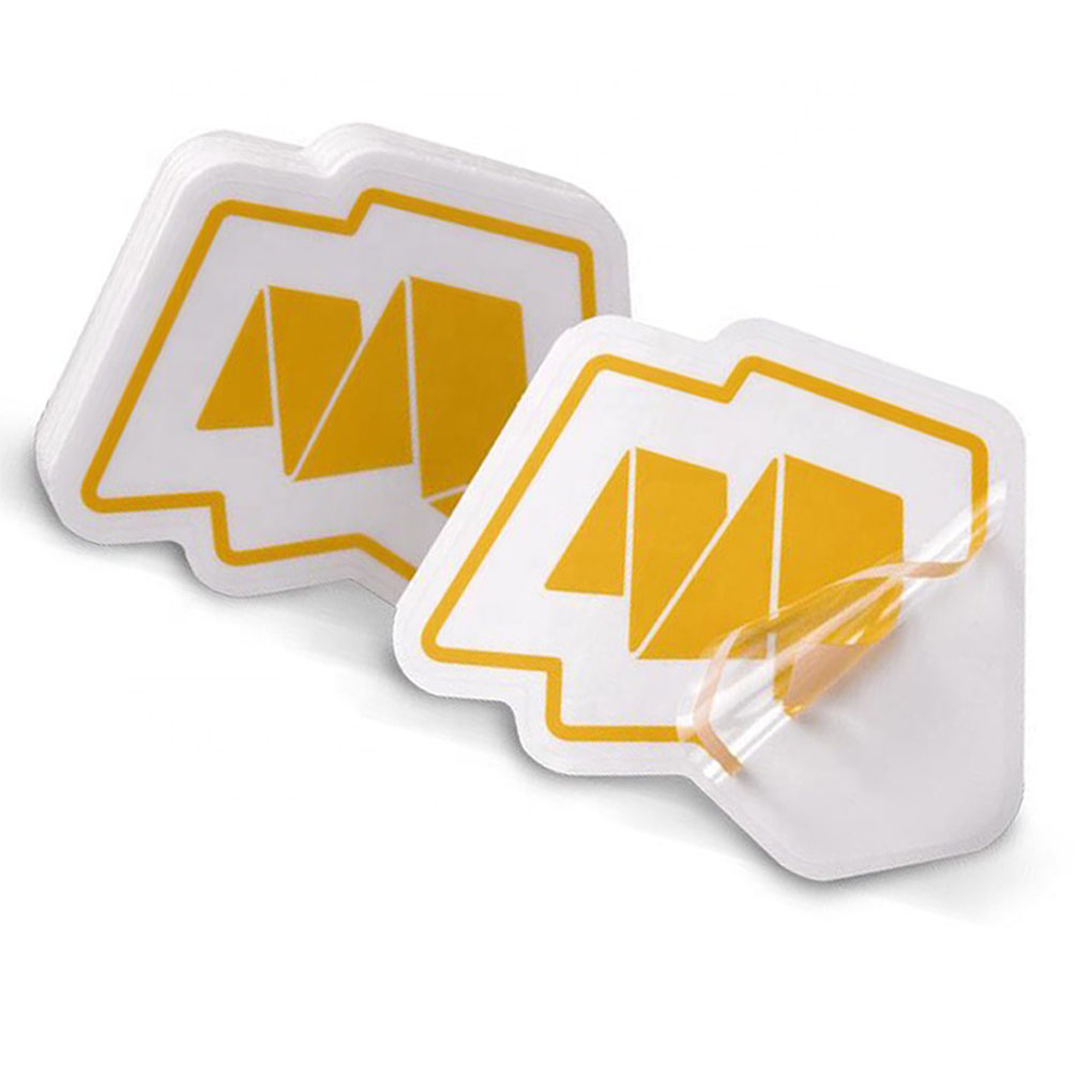 Custom die cut clear sticker printing in Dubai with transparent background and printed logo