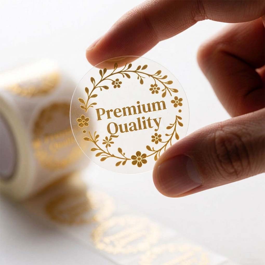 Transparent clear sticker printing in Dubai with premium custom gold design
