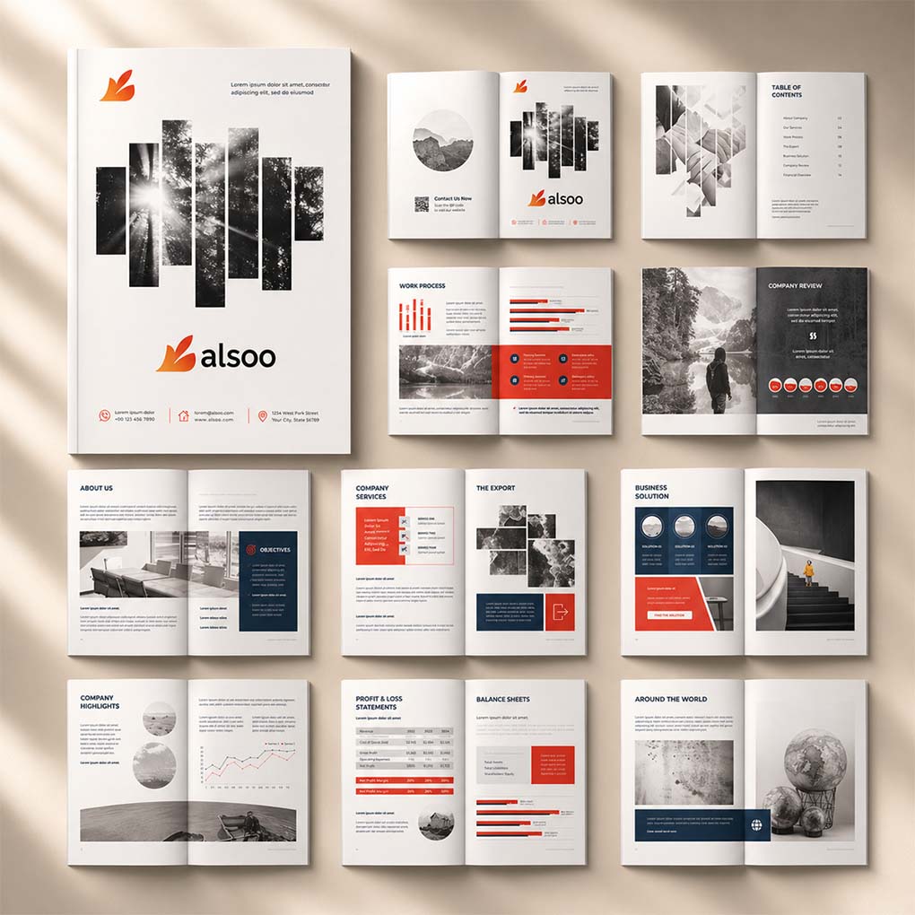 Corporate profile and brochure design in Dubai featuring professional company information and business presentation layouts