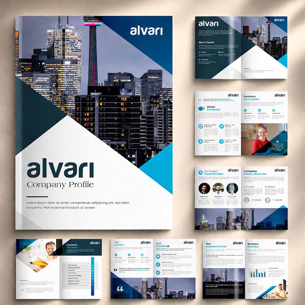 Professional company profile design in Dubai with custom cover and corporate brochure page layouts