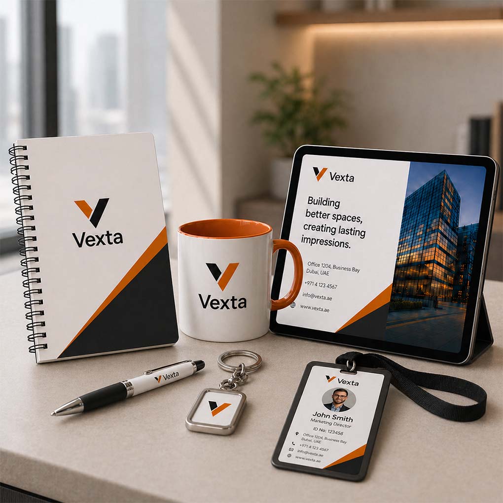 Branded corporate gifts in Dubai including custom notebook, mug, pens, keychain and employee ID card