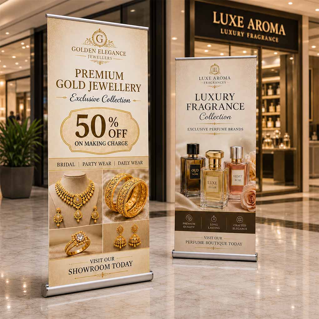 Custom roll up banner printing for retail promotions, jewellery, perfume shops, exhibitions and business advertising in Dubai