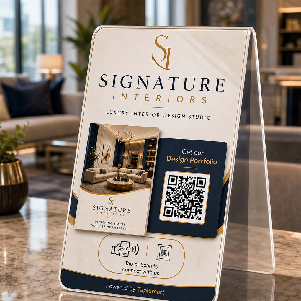 Custom NFC and QR code business display stand for digital portfolio sharing and customer engagement in Dubai