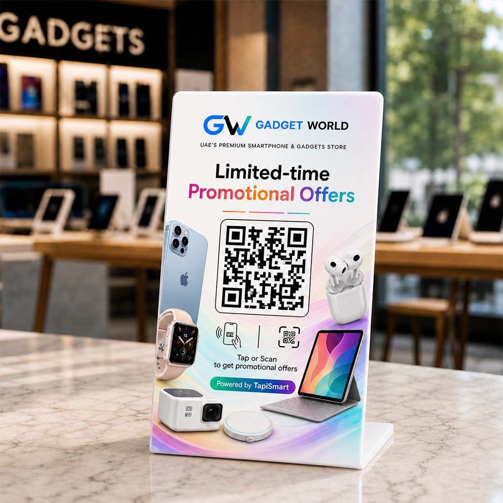 Custom NFC and QR promotional display stand for retail offers, electronics stores and customer engagement in Dubai