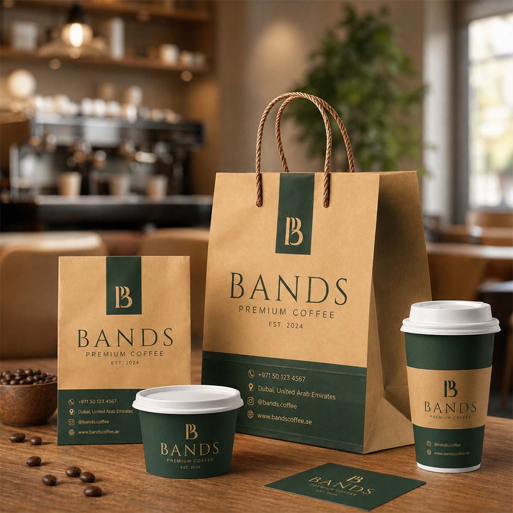 Custom cafe packaging with branded kraft paper bag, takeaway coffee cups and printed food bag in Dubai