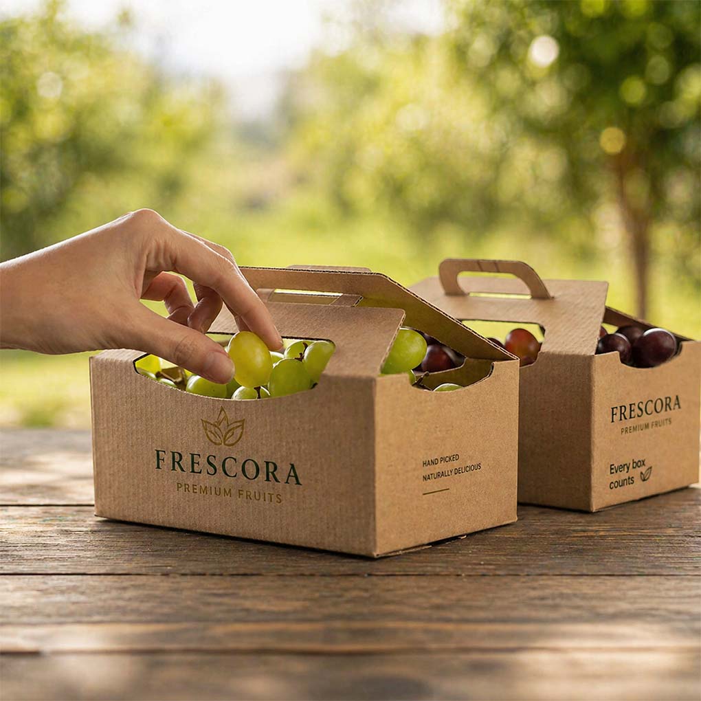 Custom kraft fruit packaging boxes with handles and printed branding for fresh produce packaging in Dubai