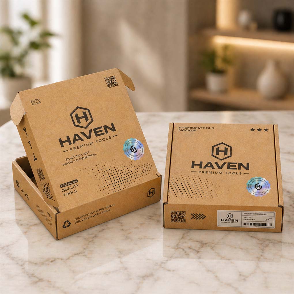 Custom printed kraft product packaging boxes with logo, QR code and branded design in Dubai