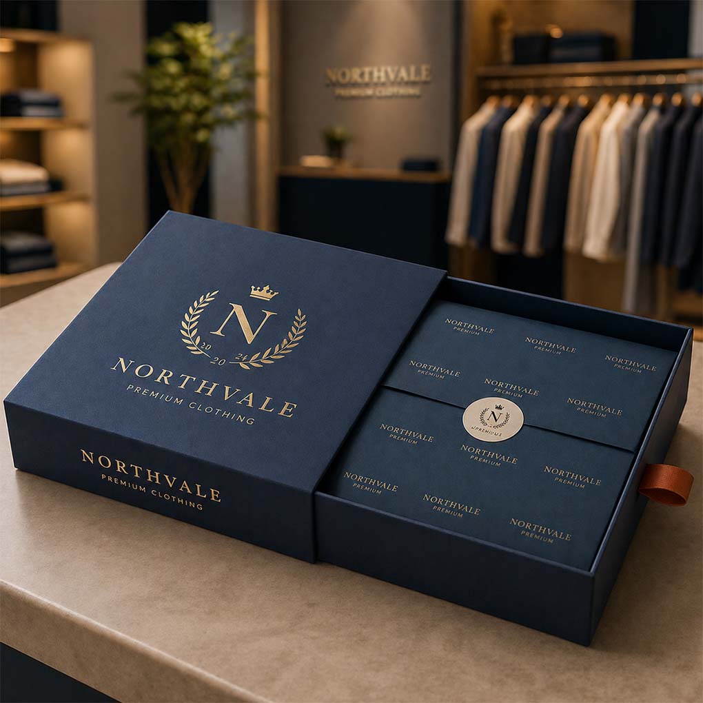 Luxury custom clothing packaging box with premium branded printing for fashion and retail businesses in Dubai