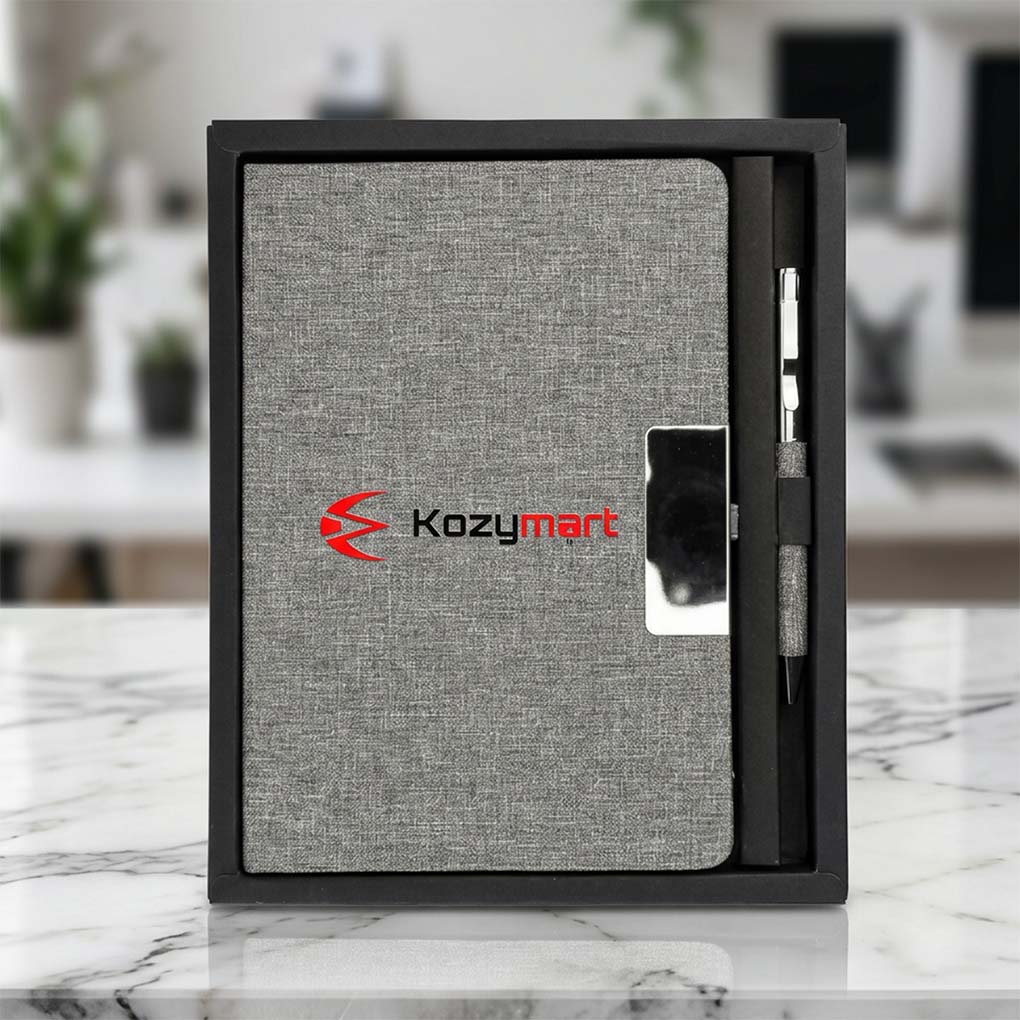 Corporate diary and pen gift set with custom company logo printing for promotional gifts in Dubai