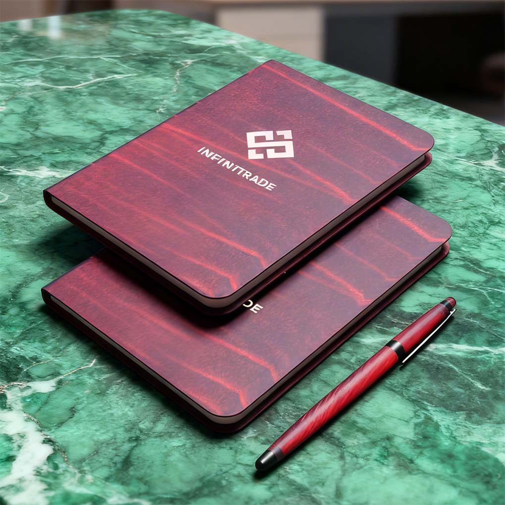 Custom premium corporate diaries with company logo printing and matching pen in Dubai