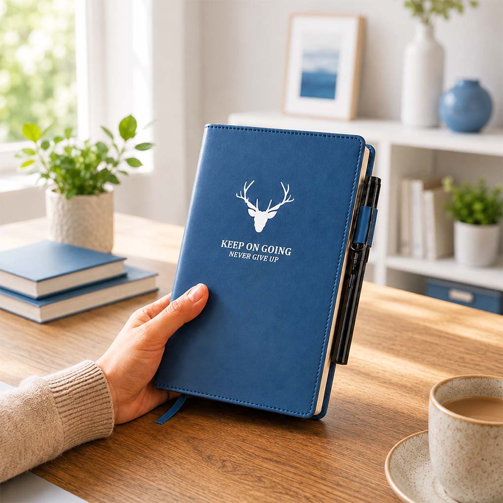 Personalized blue leather diary with custom logo printing and pen holder for corporate gifting in Dubai