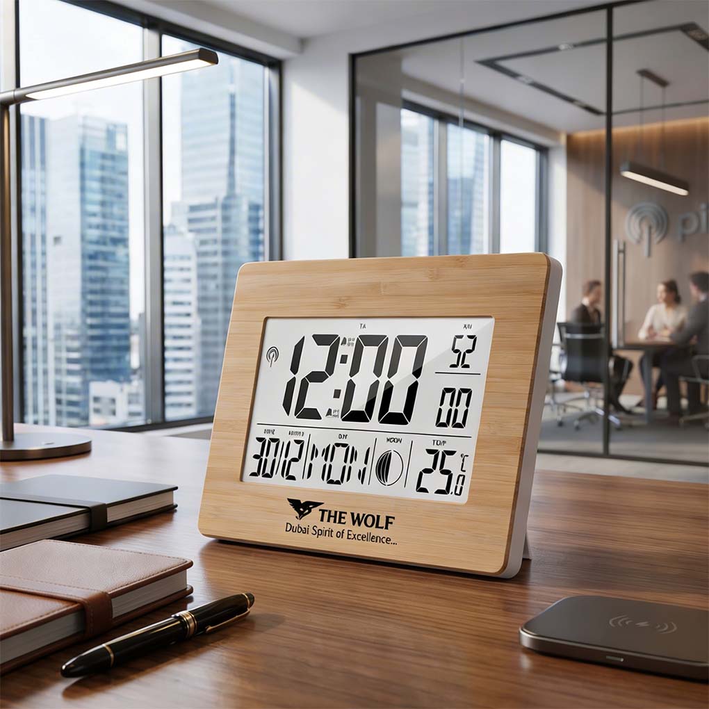 Branded bamboo digital office clock with large LCD display and custom company logo for corporate gifting in Dubai
